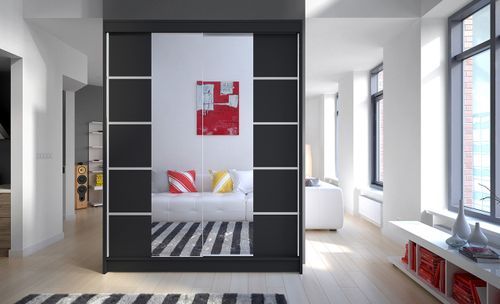 Armoire de chambre 2 portes coulissantes bois noir et miroir Norka 150 cm - Photo n°2; ?>