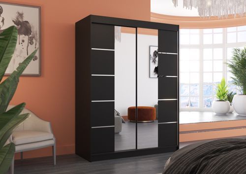 Armoire de chambre 2 portes coulissantes bois noir et miroir Norka 150 cm - Photo n°3; ?>