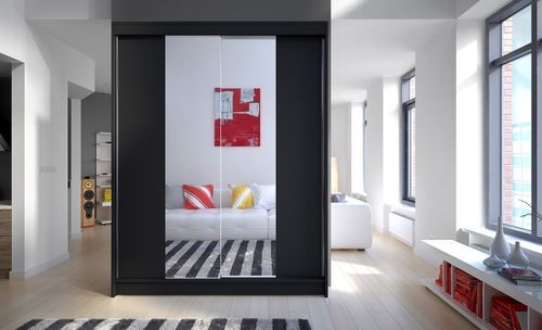 Armoire de chambre 2 portes coulissantes bois noir et miroir Zomka 150 cm - Photo n°2; ?>