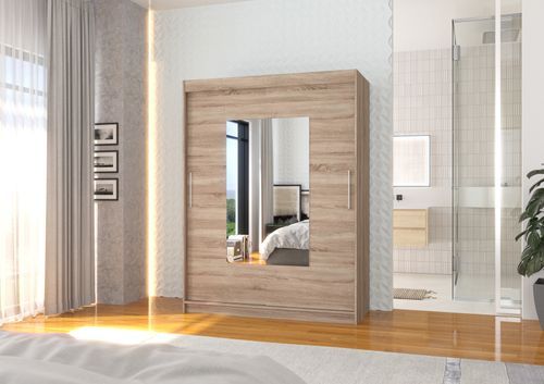 Armoire de chambre 2 portes coulissantes bois truffe et miroir Dova 150 cm - Photo n°2; ?>