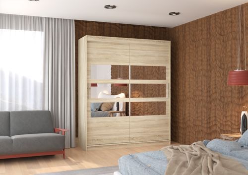 Armoire de chambre à coucher 2 portes coulissantes bois clair et 6 miroirs horizontaux Dolena 180 cm - Photo n°2; ?>