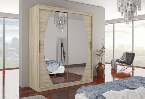 Armoire de chambre à coucher 2 portes coulissantes bois clair et miroir Balko 180 cm - Photo n°3; ?>