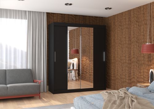 Armoire de chambre à coucher 2 portes coulissantes noir et miroir Dally 180 cm - Photo n°2; ?>