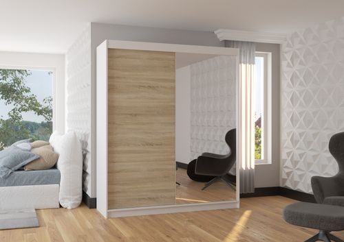Armoire de chambre à coucher blanche 2 portes coulissantes 1 bois clair et 1 miroir Masso 180 cm - Photo n°2; ?>
