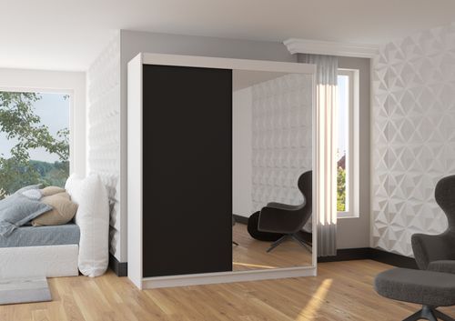 Armoire de chambre à coucher blanche 2 portes coulissantes 1 noir et 1 miroir Masso 180 cm - Photo n°3; ?>