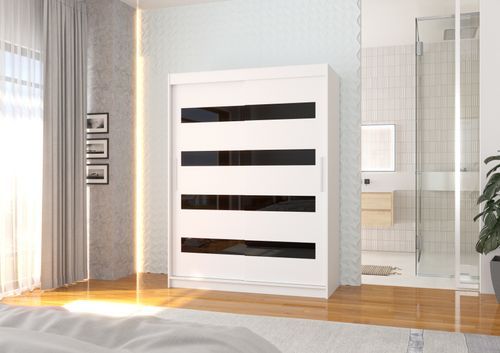 Armoire de chambre à coucher blanche 2 portes coulissantes blanc mat et noir laqué Zanko 150 cm - Photo n°2; ?>