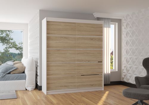 Armoire de chambre à coucher blanche 2 portes coulissantes bois clair et alu Pimka 180 cm - Photo n°2; ?>