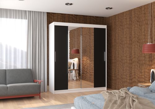 Armoire de chambre à coucher blanche 2 portes coulissantes noir et miroir Dally 180 cm - Photo n°2; ?>