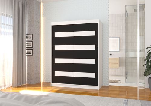 Armoire de chambre à coucher blanche 2 portes coulissantes noir mat et blanc laqué Zanko 150 cm - Photo n°2; ?>