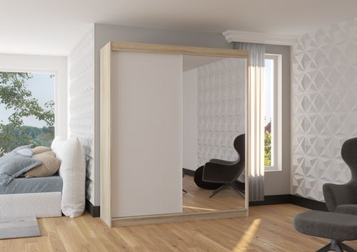 Armoire de chambre à coucher bois clair 2 portes coulissantes 1 blanche et 1 miroir Masso 180 cm - Photo n°2; ?>