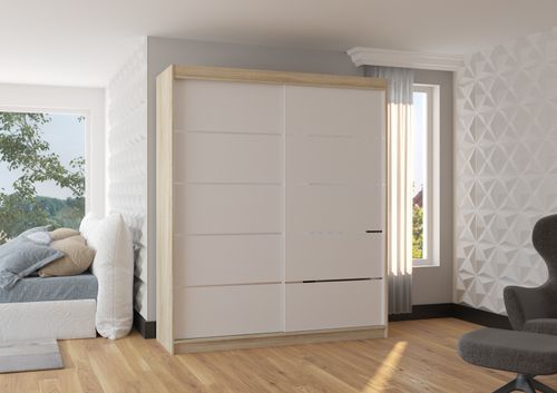 Armoire de chambre à coucher bois clair 2 portes coulissantes blanches et alu Pimka 180 cm - Photo n°2; ?>