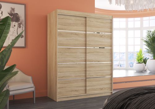 Armoire de chambre à coucher bois clair 2 portes coulissantes bois clair et alu Kubik 150 cm - Photo n°2; ?>