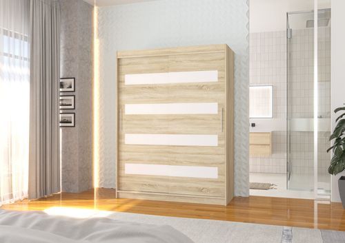 Armoire de chambre à coucher naturel 2 portes coulissantes naturel mat et blanc laqué Zanko 150 cm - Photo n°2; ?>