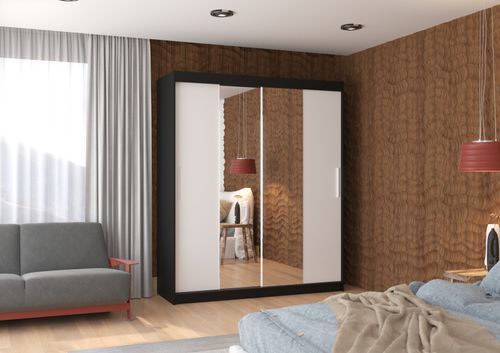 Armoire de chambre à coucher noir 2 portes coulissantes blanc et miroir Dally 180 cm - Photo n°2; ?>