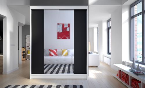 Armoire de chambre blanche 2 portes coulissantes bois noir et miroir Zomka 150 cm - Photo n°2; ?>