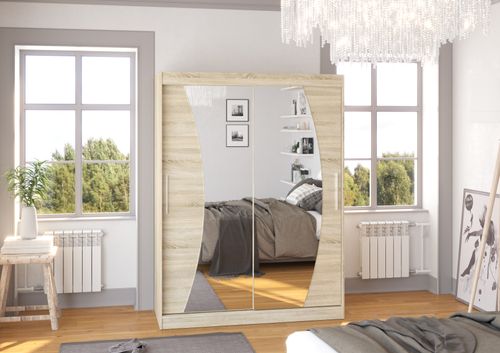 Armoire de chambre bois clair 2 portes coulissantes avec miroir Modela 150 cm - Photo n°2; ?>