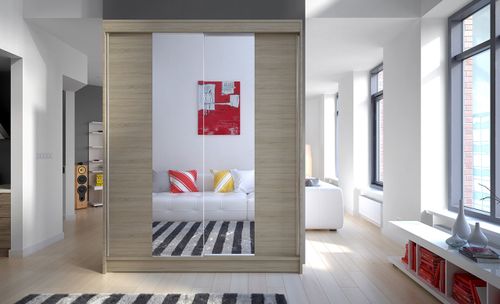 Armoire de chambre 2 portes coulissantes bois clair et miroir Zomka 150 cm - Photo n°3; ?>