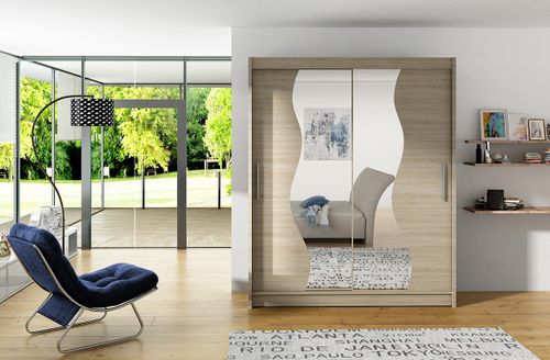 Armoire de chambre bois clair 2 portes coulissantes avec miroir Renka 150 cm - Photo n°2; ?>