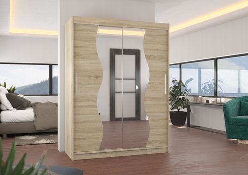 Armoire de chambre bois clair 2 portes coulissantes avec miroir Renka 150 cm - Photo n°3; ?>