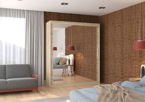 Armoire de chambre bois clair 2 portes coulissantes avec miroir Toraz 180 cm - Photo n°2; ?>