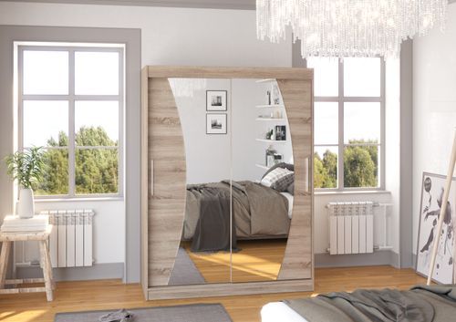 Armoire de chambre bois truffe 2 portes coulissantes avec miroir Modela 150 cm - Photo n°2; ?>