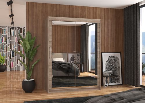 Armoire de chambre bois truffe 2 portes coulissantes avec miroir Prima 150 cm - Photo n°2; ?>