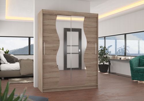 Armoire de chambre bois truffe 2 portes coulissantes avec miroir Renka 150 cm - Photo n°2; ?>