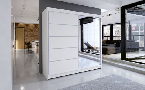 Armoire de chambre design blanche 2 portes coulissantes bois blanc et alu avec miroir Karena 180 cm - Photo n°2; ?>
