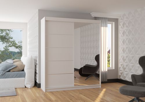 Armoire de chambre design blanche 2 portes coulissantes bois blanc et alu avec miroir Karena 180 cm - Photo n°3; ?>