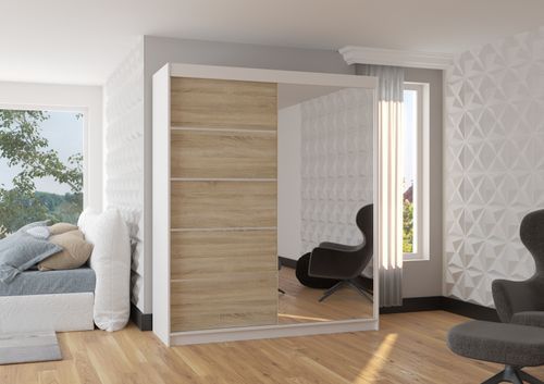 Armoire de chambre design blanche 2 portes coulissantes bois clair et alu avec miroir Karena 180 cm - Photo n°2; ?>