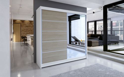 Armoire de chambre design blanche 2 portes coulissantes bois clair et alu avec miroir Karena 180 cm - Photo n°3; ?>