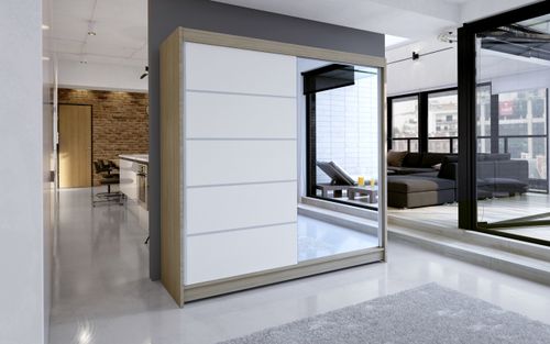 Armoire de chambre design bois clair 2 portes coulissantes bois blanc et alu avec miroir Karena 180 cm - Photo n°3; ?>