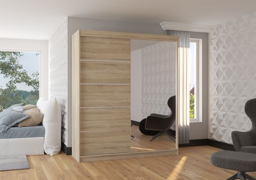 Armoire de chambre design bois clair 2 portes coulissantes bois clair et alu avec miroir Karena 180 cm - Photo n°2; ?>