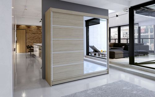 Armoire de chambre design bois clair 2 portes coulissantes bois clair et alu avec miroir Karena 180 cm - Photo n°3; ?>