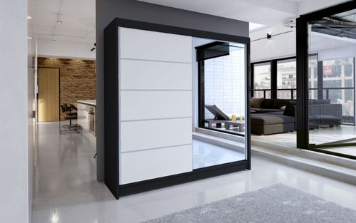 Armoire de chambre design noir 2 portes coulissantes bois blanc et alu avec miroir Karena 180 cm - Photo n°2; ?>