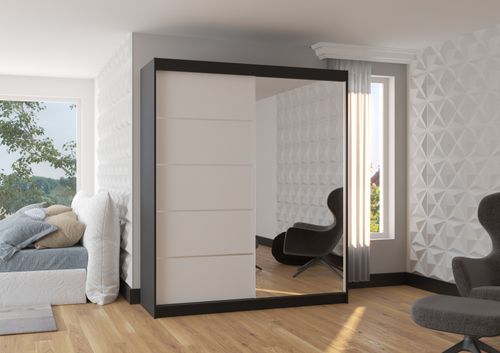 Armoire de chambre design noir 2 portes coulissantes bois blanc et alu avec miroir Karena 180 cm - Photo n°3; ?>