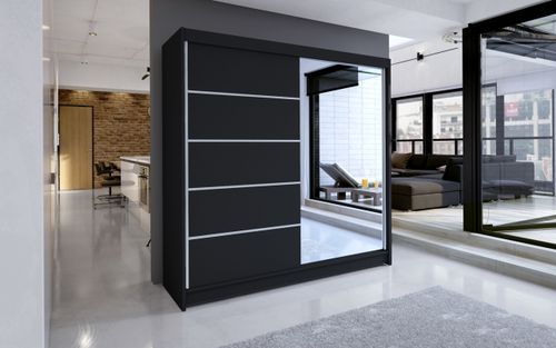 Armoire de chambre design noir 2 portes coulissantes bois noir et alu avec miroir Karena 180 cm - Photo n°2; ?>