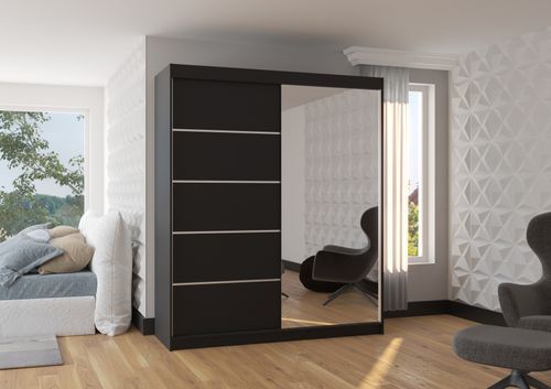 Armoire de chambre design noir 2 portes coulissantes bois noir et alu avec miroir Karena 180 cm - Photo n°3; ?>