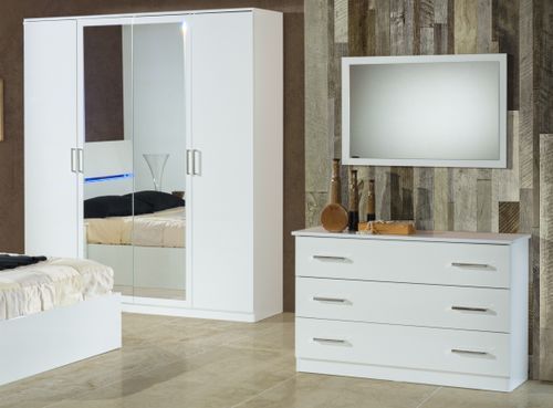 Armoire de chambre moderne 4 portes battantes bois blanc laqué et miroir Mona 181 cm - Photo n°2; ?>