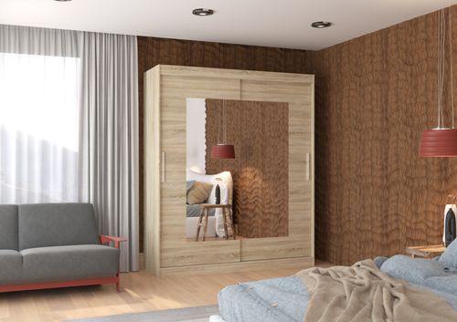 Armoire de chambre moderne bois clair 2 portes coulissantes avec miroir Rozika 180 cm - Photo n°2; ?>