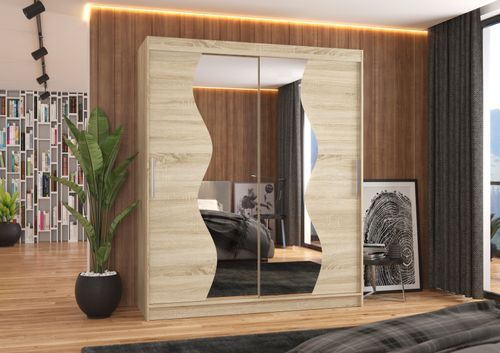 Armoire de chambre moderne bois clair 2 portes coulissantes avec miroir Voky 180 cm - Photo n°2; ?>
