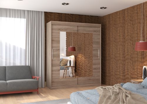 Armoire de chambre moderne bois truffe 2 portes coulissantes avec miroir Rozika 180 cm - Photo n°2; ?>