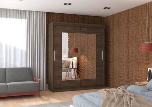 Armoire de chambre moderne marron 2 portes coulissantes avec miroir Rozika 180 cm - Photo n°2; ?>