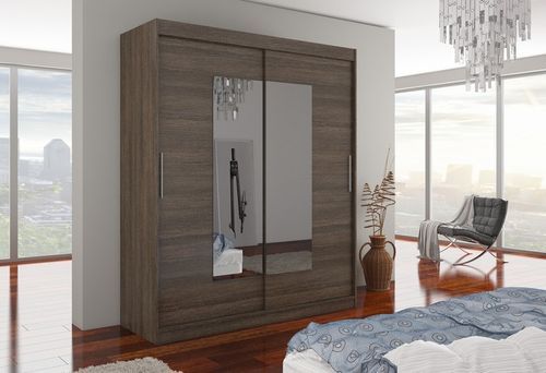 Armoire de chambre moderne marron 2 portes coulissantes avec miroir Rozika 180 cm - Photo n°3; ?>