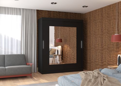 Armoire de chambre moderne noir 2 portes coulissantes avec miroir Rozika 180 cm - Photo n°2; ?>
