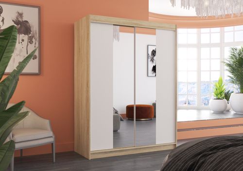 Armoire de chambre naturel 2 portes coulissantes bois blanc et miroir Zomka 150 cm - Photo n°2; ?>