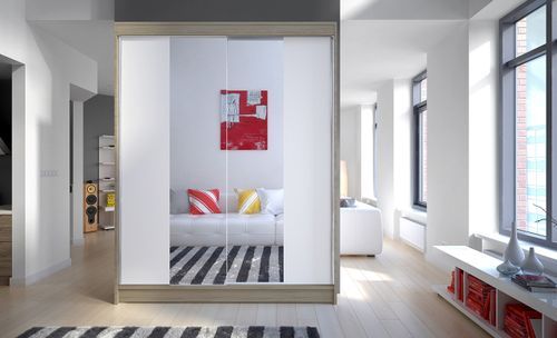 Armoire de chambre naturel 2 portes coulissantes bois blanc et miroir Zomka 150 cm - Photo n°3; ?>