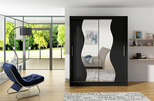 Armoire de chambre noir 2 portes coulissantes avec miroir Renka 150 cm - Photo n°2; ?>