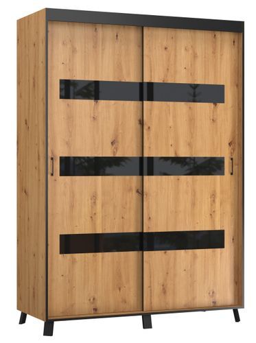 Armoire de chambre portes coulissantes bois clair artisan et noir Sokano - Photo n°3; ?>