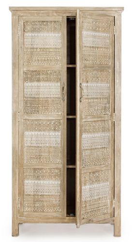 Armoire de rangement 2 portes bois de manguier clair avec décorations incrustées fait main Mabel 88 cm - Photo n°2; ?>